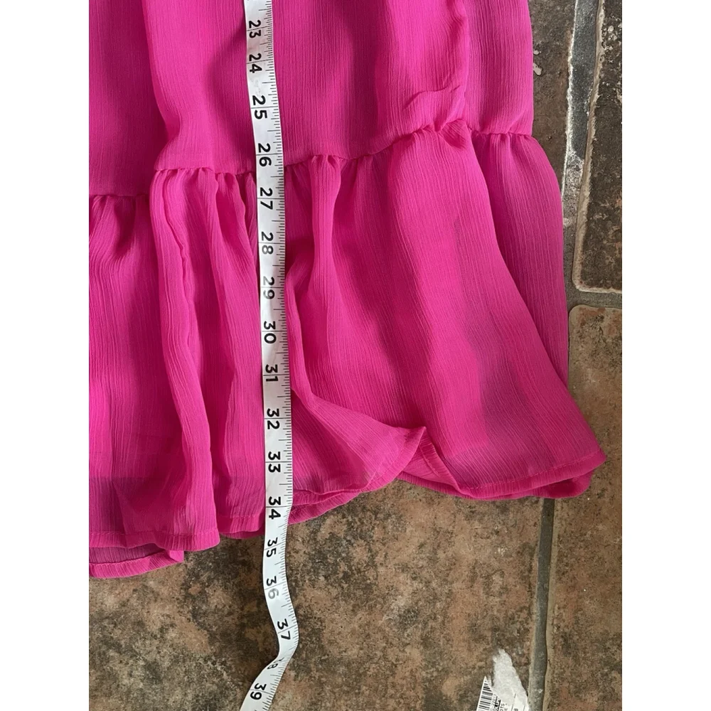Vince Camuto Hot Pink Tiered Chiffon Mini Dress Sheer Sleeves Ruffle Collar Sz L - Picture 8 of 10
